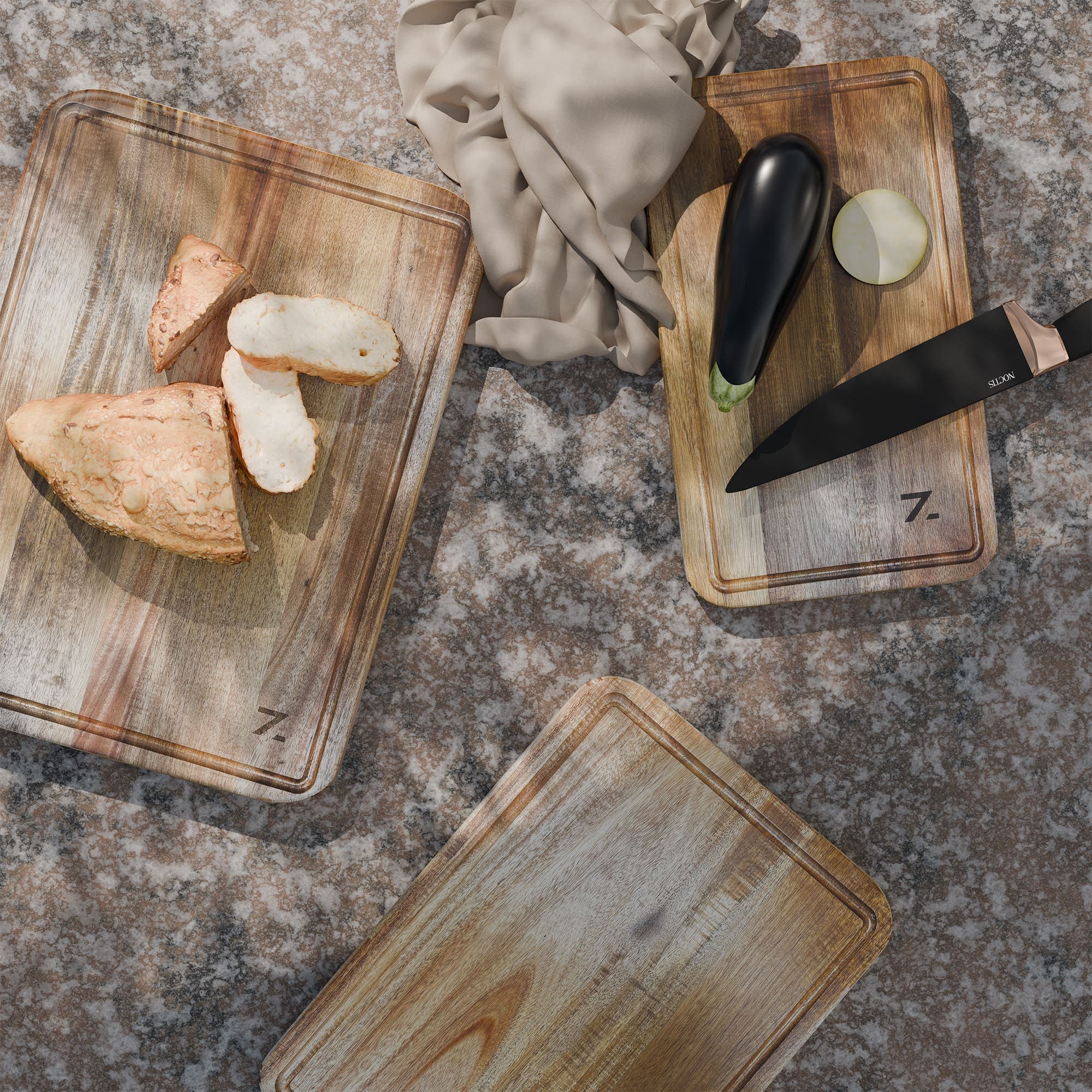 Acacia snijplanken in gebruik op keukenblad