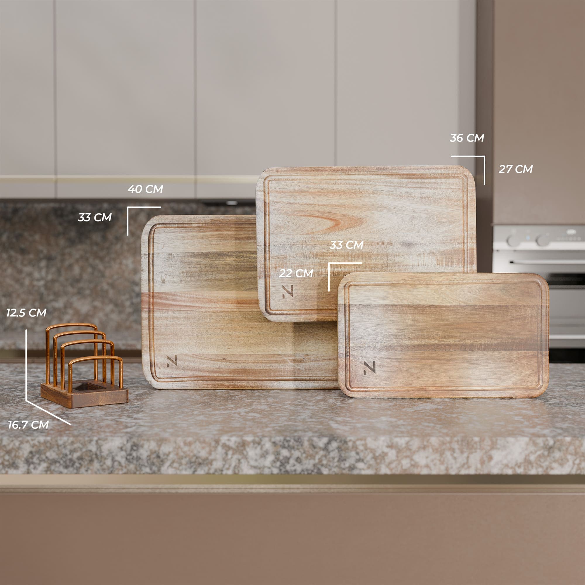 Afmetingen van de Noctis acacia snijplankenset