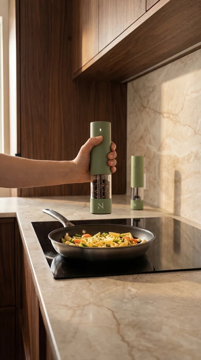 Groene peper- en zoutmolens boven pan tijdens koken